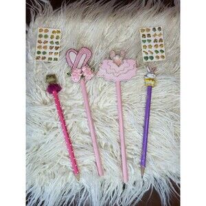 Russ Pink Ballerina Pencil set Vintage toppers stick on earrings princess school